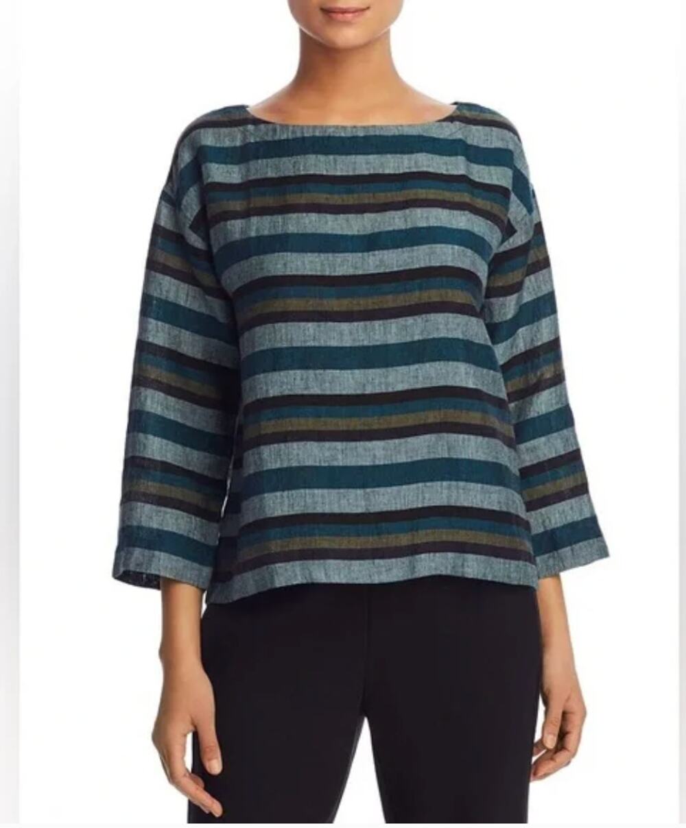 Eileen Fisher Linen Top Medium Striped Blue Gray Green